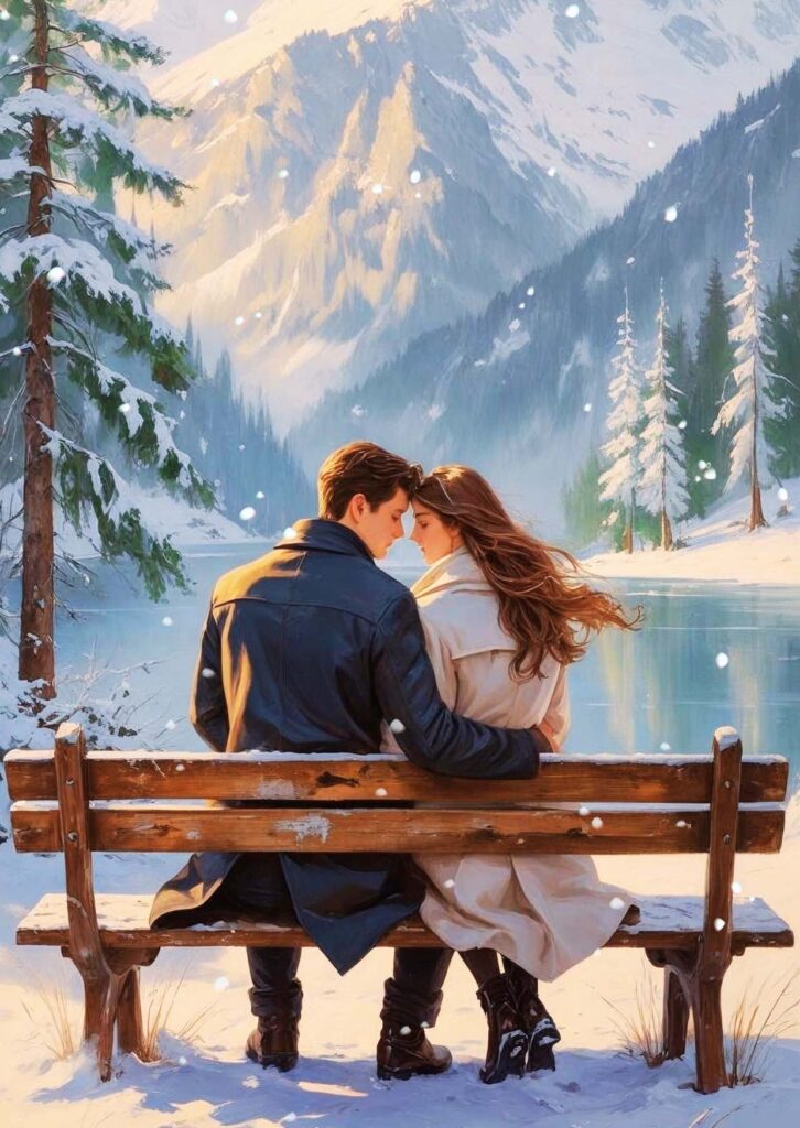 Es gibt neue Postkarten. Pärchen auf einer Bank, vor einem See im Winter.